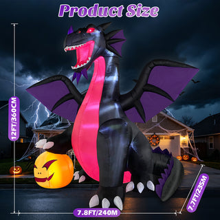 Product size dimensions diagram of a large 12-foot Halloween inflatable decoration featuring a black and purple dragon holding a glowing pumpkin for outdoor yard display.