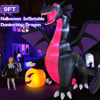 9FT Halloween inflatable dominating black and purple dragon yard decoration with a glowing pumpkin and a child in costume for outdoor holiday display.