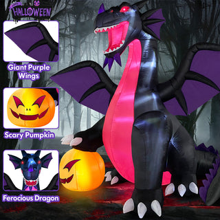 Feature highlight graphic of a Halloween inflatable decoration showcasing its giant purple wings, scary glowing pumpkin, and ferocious black dragon head design for holiday yard displays.