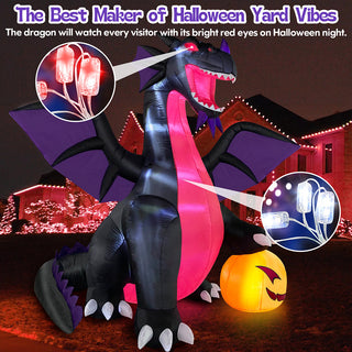 Nighttime yard ambiance feature graphic of a large Halloween inflatable black and purple dragon highlighting its bright red and white internal LED lights for spooky outdoor holiday decorations.