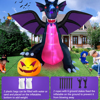 Stability and installation guide graphic for a large Halloween inflatable black and purple dragon yard decoration, highlighting included water weight bags, tether ropes, and ground stakes to prevent blowing away in the yard.