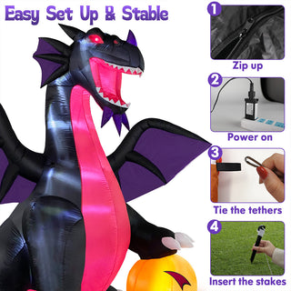 Step-by-step setup and installation guide graphic for a large Halloween inflatable black and purple dragon, illustrating four easy steps: zip up, power on, tie the tethers, and insert the ground stakes.