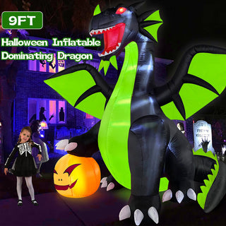 9FT Halloween inflatable dominating black and neon green dragon yard decoration featuring a glowing pumpkin and a child in costume for outdoor holiday displays.