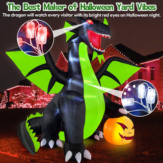 Nighttime yard ambiance feature graphic of a large Halloween inflatable black and neon green dragon highlighting its bright red and white internal LED lights for spooky outdoor holiday decorations.