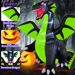 Feature breakdown graphic for a large Halloween inflatable black and neon green dragon yard decoration, highlighting key product details including giant green wings, a scary illuminated pumpkin, and a ferocious dragon head design.