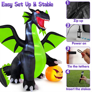 Step-by-step setup and installation guide graphic for a large Halloween inflatable black and neon green dragon yard decoration, illustrating four easy steps: zip up, power on, tie the tethers, and insert the ground stakes.