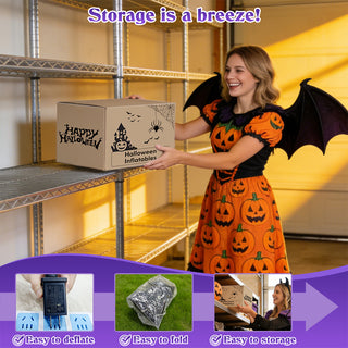 Storage and packaging guide graphic for a large Halloween inflatable decoration, featuring a woman in a holiday costume demonstrating how easy it is to deflate, fold, and store the product on a shelf.