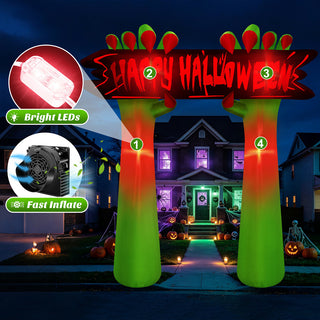 Feature graphic of a giant Halloween inflatable arch yard decoration featuring green zombie hands and a glowing "Happy Halloween" sign, highlighting built-in bright LED lights and a fast inflate air blower system for nighttime outdoor holiday display.