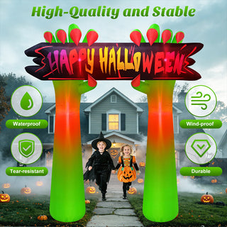 High-quality and stable material feature graphic for a giant Halloween inflatable arch yard decoration featuring green zombie hands and a "Happy Halloween" sign, highlighting waterproof, wind-proof, tear-resistant, and durable outdoor performance alongside children walking through the gateway.