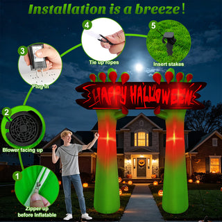 5-step easy installation guide graphic for a giant Halloween inflatable arch yard decoration, demonstrating how to zip up before inflating, turn on the air blower facing up, plug in, tie up ropes, and insert stakes for secure setup.