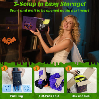 3-step easy storage guide graphic for a giant Halloween inflatable arch yard decoration, demonstrating how to pull the plug, flat-pack fold, and box and seal the item for next year.