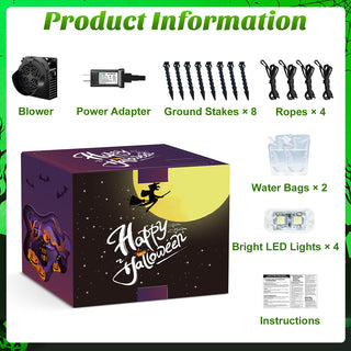 Product information package contents graphic for a giant Halloween inflatable arch yard decoration, displaying included components such as an air blower, power adapter, 8 ground stakes, 4 ropes, 2 water bags, 4 bright LED lights, and instructions.