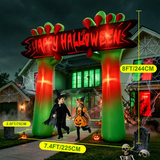 Product size and dimension breakdown graphic for a giant Halloween inflatable arch yard decoration, indicating measurements spanning 8 feet (244 cm) in height and 7.4 feet (225 cm) in width, featuring two children walking through the gateway in a festive nighttime yard setting.