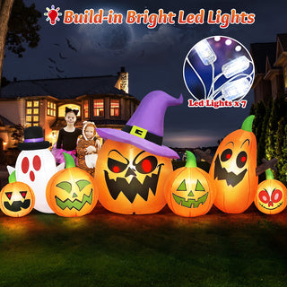 Nighttime yard display feature graphic of a group of Halloween inflatable decorations including illuminated jack-o-lanterns, a witch hat pumpkin, and a ghost, highlighting built-in bright LED lights for festive outdoor holiday lighting.