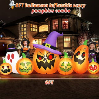 8FT Halloween inflatable scary pumpkins combo yard decoration featuring illuminated jack-o-lanterns, a witch hat pumpkin, a ghost, and children in costumes for outdoor holiday displays.