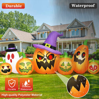 Durable and waterproof high-quality polyester material feature graphic for a large Halloween inflatable scary pumpkins combo yard decoration displayed on a lawn during rain.