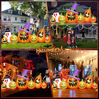 Multi-scene collage lifestyle graphic of an 8FT Halloween inflatable scary pumpkins combo yard decoration showcasing daytime, nighttime, and indoor holiday displays with children and festive lighting.
