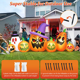 Stability and installation guide graphic for an 8FT Halloween inflatable scary pumpkins combo yard decoration, detailing wind-resistant features including 2 weighted sand/water bags and 11 ground stakes for secure outdoor setup.