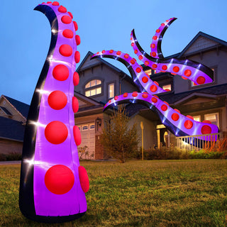 Giant Halloween inflatable purple and black monster tentacle yard decorations with glowing red suction cups and built-in LED lights for spooky outdoor lawn and house party displays.