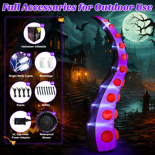 Full accessories for outdoor use feature graphic for a giant Halloween inflatable purple and black monster tentacle yard decoration, detailing included items such as 1 Halloween inflatable, 6 bright white lights, 2 waterbags, 4 ropes, 8 stakes, 1 UL-approved power adaptor, and 1 waterproof blower.