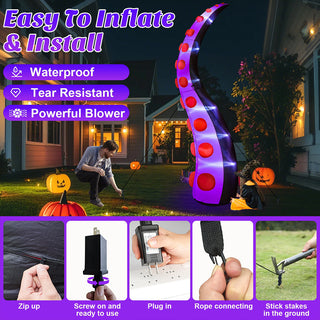 Easy to inflate and install instruction graphic for a giant Halloween inflatable purple and black monster tentacle yard decoration, demonstrating waterproof, tear-resistant features and setup steps including zipping up, securing power connection, plugging in, attaching ropes, and anchoring stakes in the ground.