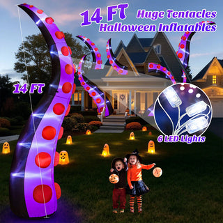14FT huge tentacles Halloween inflatables hero image featuring giant purple and black monster tentacle yard decorations with 6 built-in bright LED lights and a dimension scale for spooky outdoor lawn and house displays.