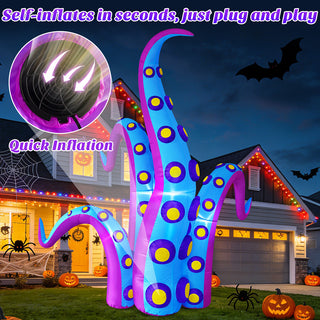Self-inflating feature guide graphic for a giant Halloween inflatable blue and purple monster tentacle yard decoration, highlighting quick inflation with a built-in air blower display in a nighttime residential front yard setting.