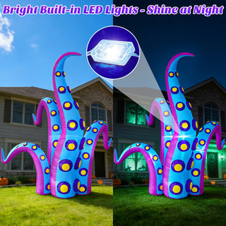 Bright built-in LED lights feature guide comparison graphic for a giant Halloween inflatable blue and purple monster tentacle yard decoration, demonstrating day versus night illumination to shine brightly at night.