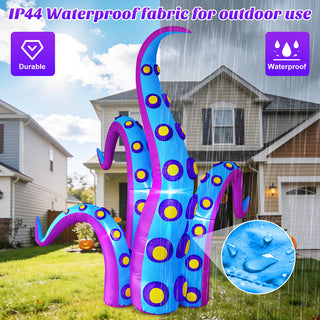 IP44 waterproof fabric and durability feature guide graphic for a giant Halloween inflatable blue and purple monster tentacle yard decoration, demonstrating weather-resistant outdoor performance in rainy conditions on a residential front lawn.