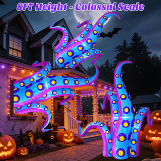 8ft height colossal scale feature showcase graphic for giant Halloween inflatable blue and purple monster tentacle yard decorations, highlighting massive size and dramatic nocturnal display in a residential yard setting.