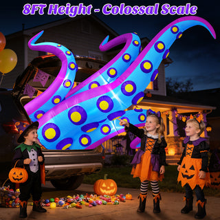 8ft height colossal scale showcase graphic for giant Halloween inflatable blue and purple monster tentacle yard decorations, featuring kids in costumes trick-or-treating next to a decorated car trunk at night.