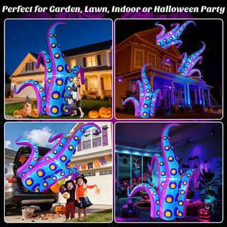 Multi-scene application showcase graphic for giant Halloween inflatable blue and purple monster tentacle yard decorations, demonstrating versatile placement in gardens, lawns, indoor spaces, and Halloween party setups.