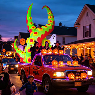 Festive Halloween parade scene featuring an orange pickup truck decorated with LED string lights, glowing carved pumpkins, and a giant green and red monster tentacle inflatable yard display as children and spectators celebrate in a neighborhood street at dusk.