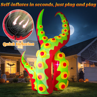 Self-inflating feature guide graphic for a giant Halloween inflatable green and red monster tentacle yard decoration, highlighting quick inflation in seconds with a built-in air blower display in a nighttime residential setting.