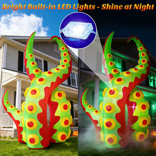 Bright built-in LED lights feature guide comparison graphic for a giant Halloween inflatable green and red monster tentacle yard decoration, demonstrating day versus night illumination to shine brightly at night.