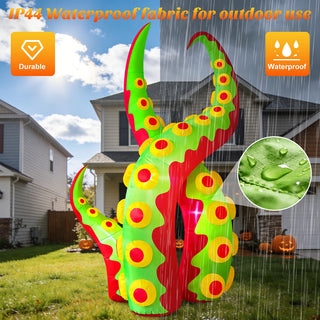 Waterproof fabric and durability feature guide graphic for a giant Halloween inflatable green and red monster tentacle yard decoration, demonstrating weather-resistant outdoor performance during rainy conditions on a lawn in front of a house.