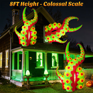 8ft height colossal scale showcase graphic for a giant Halloween inflatable green and red monster tentacle yard decoration, highlighting its impressive multi-angle outdoor display and giant dimensions across a residential house setup.