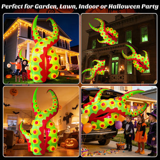 Multi-scene application showcase grid for a giant Halloween inflatable green and red monster tentacle yard decoration, demonstrating versatile placement for garden lawns, outdoor house facades, indoor living rooms, and Halloween trunk-or-treat party setups.