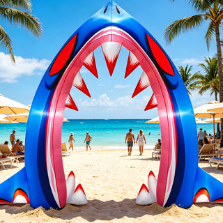 Giant inflatable shark mouth archway yard and beach decoration with sharp white teeth and blue and pink styling, set up on a tropical sandy beach with ocean views and palm trees.