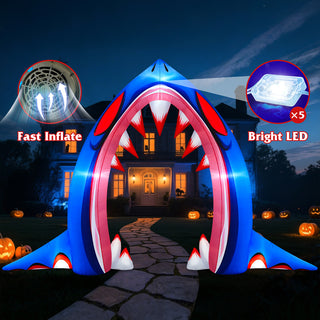 Fast inflate and bright LED feature guide graphic for a giant inflatable shark mouth archway yard decoration, highlighting built-in air blower and 5 bright LED lights for nighttime Halloween display on a residential front lawn.