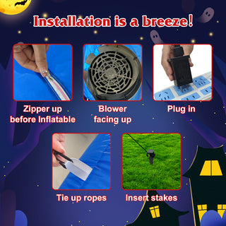 Step-by-step installation instructions guide graphic for a giant inflatable Halloween decoration, illustrating how to zip up, position the blower facing up, plug in power, tie up ropes, and insert stakes into the lawn.