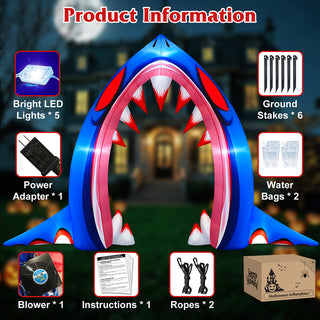 Product information and package contents guide graphic for a giant inflatable shark mouth archway yard decoration, detailing included accessories such as 5 bright LED lights, 6 ground stakes, 2 water bags, power adapter, blower, instructions, ropes, and gift box.