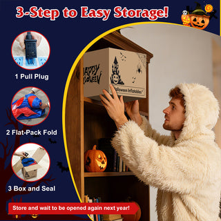 3-step easy storage guide graphic for a giant inflatable Halloween decoration, illustrating how to pull the plug, flat-pack fold, and box and seal it into a storage box on a shelf for next year.