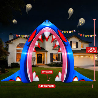 14ft width by 10ft height dimension scale showcase graphic for a giant Halloween inflatable shark mouth archway yard decoration, displaying colossal size measurements and spooky banner flags on a residential front lawn at night.