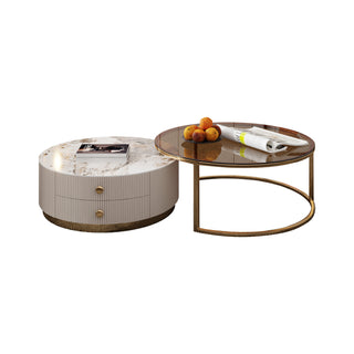 JASIWAY Modern Round Coffee Table Set Sintered Stone with 2 Drawers & Metal Legs