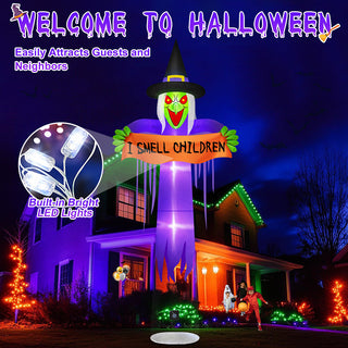Built-in bright LED lights feature graphic for a giant Halloween inflatable floating witch yard decoration, highlighting integrated illumination designed to easily attract guests and neighbors for nighttime holiday displays.