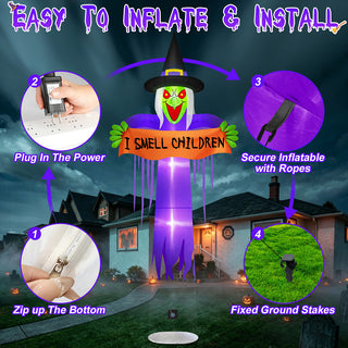 Easy to inflate and install instruction graphic for a giant Halloween inflatable floating witch yard decoration, detailing 4 simple setup steps including zipping up the bottom, plugging in the power, securing the inflatable with ropes, and fixing ground stakes.