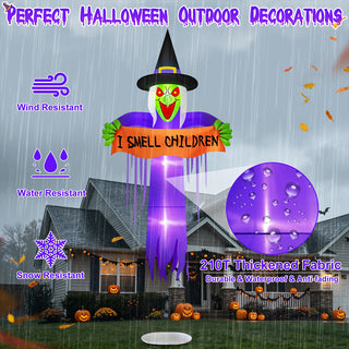 Perfect Halloween outdoor decorations feature graphic for a giant Halloween inflatable floating witch yard decoration, highlighting wind-resistant, water-resistant, snow-resistant properties and durable, waterproof, and anti-fading 210T thickened fabric material.