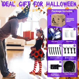 Ideal gift for Halloween feature graphic for a giant Halloween inflatable floating witch yard decoration, detailing package inclusions such as 1 Halloween inflatable witch, 3 LED lights, 2 waterbags, 6 ground stakes, 4 3M black ropes, 1 UL-approved power adaptor, and 1 powerful blower.
