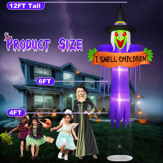 12FT tall product size dimension scale graphic for a giant Halloween inflatable floating witch yard decoration, illustrating height comparisons against children and adults for outdoor yard and house lawn displays.